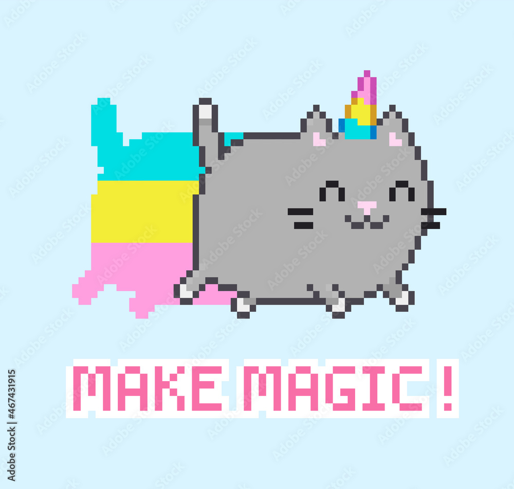 Pixel Art cartoon Cat Unicorn with Rainbow flying on blue background. Kawaii style Caticorn vector illustration. Cute running Unicorn Kitten with 