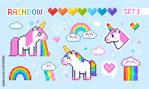 Pixel Art Unicorns wit Rainbow set, colorful 8-bit hearts icons, cute clouds - isolated vector elements collection. Cute White Unicorn icon in retro 8-bit video game style