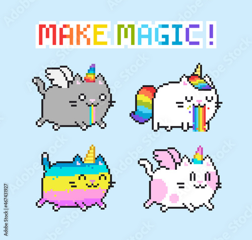 Pixel Art cartoon Psychedelic Cats Unicorns  with Rainbow, Pink Wings flying and running. Kawaii style Caticorn humorous meme vector illustration. Cute puking Unicorn Kitten with "Make Magic" text