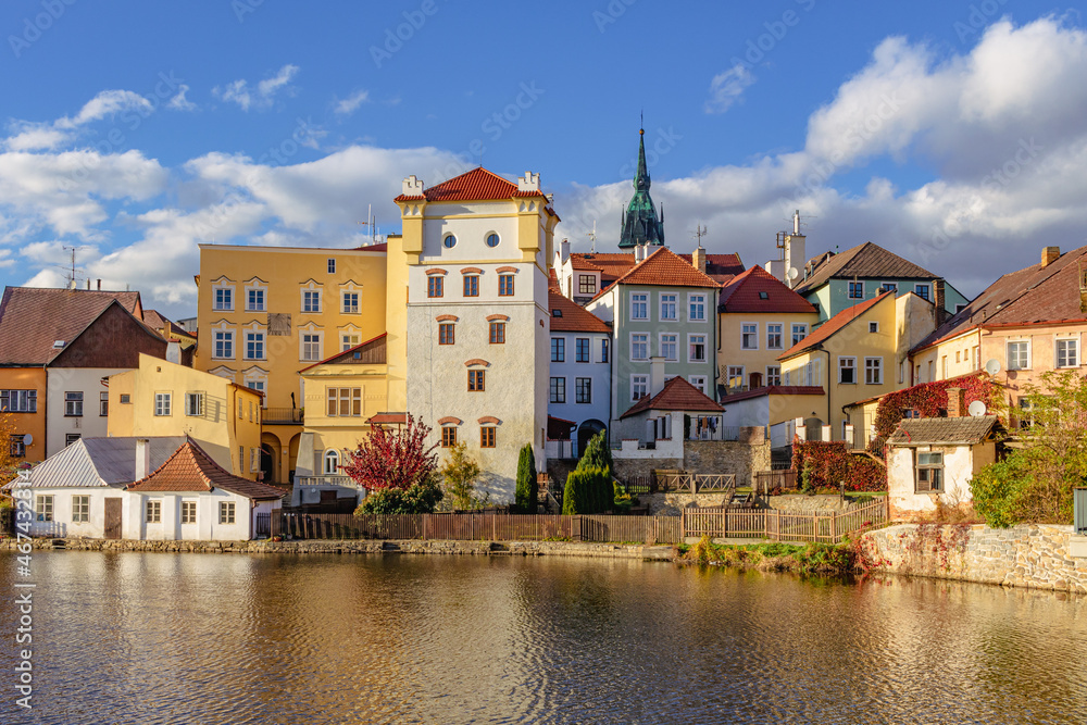 City view of Jindrichuv Hradec, a town in the Czech Republic in the region South Bohemia. View of the old town in evening light.