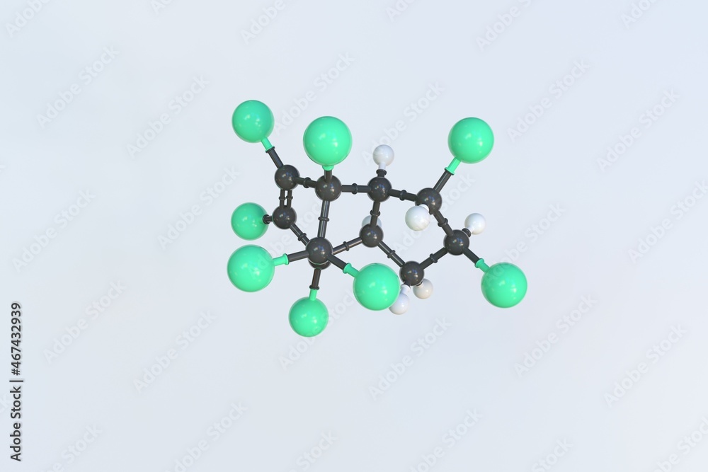 Chlordane molecule made with balls, isolated molecular model. 3D rendering Chlordane molecule made with balls, isolated molecular model. 3D rendering