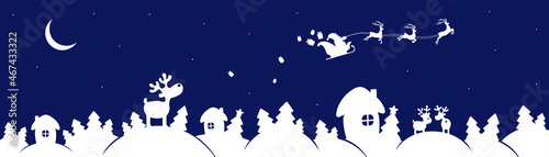 Christmas pattern with reindeer Rudolph and Santa Claus. Hand drawn Christmas horizontal background with reindeer, house, christmas tree.