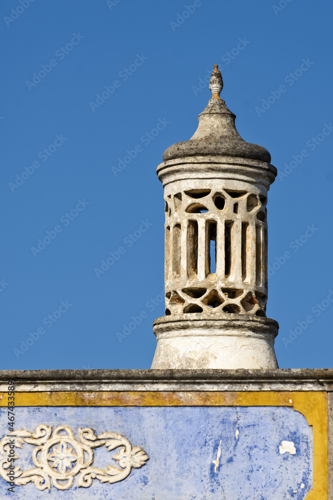 Close view of a traditional portuguese chimney on the city of Faro, Algarve, portugal