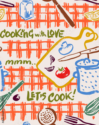 Vintage Cooking Vector Seamless Pattern with Cooking Quotes. Hand Drawn with a Brush Design Depicting Cooking Ingredients and Kitchen Utensils. 