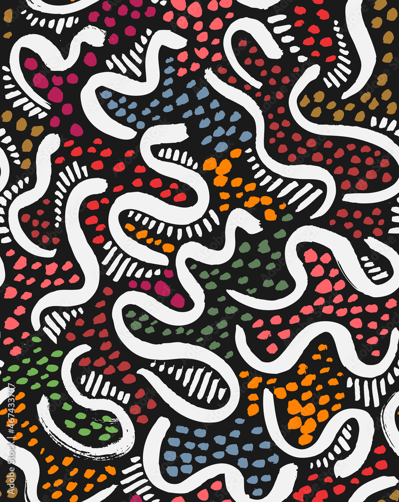 Ethnic African or Australian Wavy Seamless Pattern. Colorful Hand Drawn with a Brush Ribbons, Dots and Stripes. Trendy Vector Design for Fabric, Wrapping Paper, Gift Cards etc.
