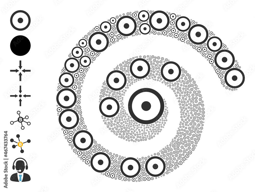 Sphere center icon spiral cycle mosaic. Sphere center icons are formed into twist vector illustration. Object cycle is designed from scattered sphere center symbols. Sphere center icon spiral cycle mosaic. Sphere center icons are formed into twist vector illustration. Object cycle is designed from scattered sphere center symbols.