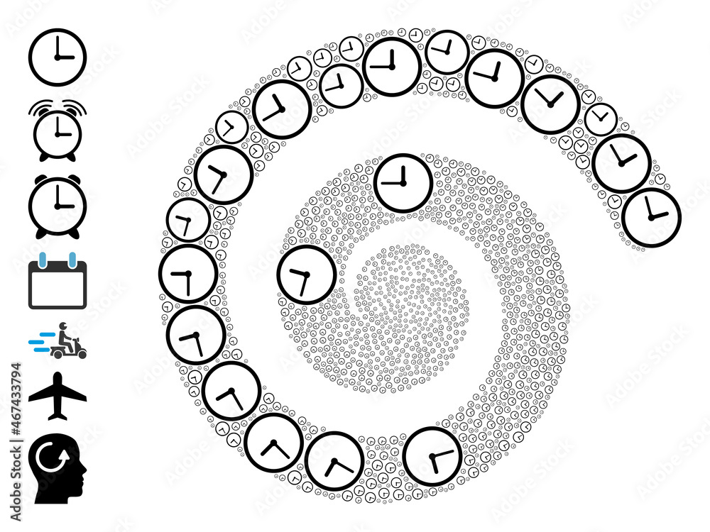 Clock icon spiral centrifugal mosaic. Clock items are arranged into twist mosaic structure. Object twist done from randomized clock icons. Some other icons are designed. Clock icon spiral centrifugal mosaic. Clock items are arranged into twist mosaic structure. Object twist done from randomized clock icons. Some other icons are designed.