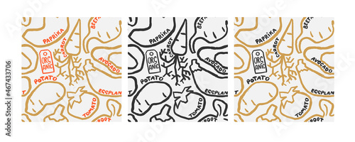 Organic Vegetables  Set of Vector Seamless Patterns. Hand Drawn with a Brush Vegetarian Food with Written Names. Colorful Design for Cafe Menu Cover, Flyer, Brochure, etc.