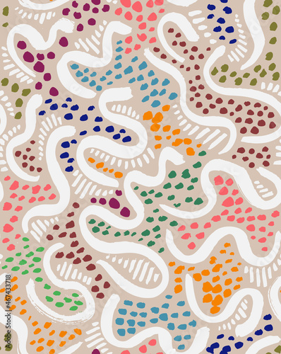 Ethnic African or Australian Wavy Seamless Pattern. Colorful Hand Drawn with a Brush Ribbons, Dots and Stripes. Trendy Vector Design for Fabric, Wrapping Paper, Gift Cards etc.

