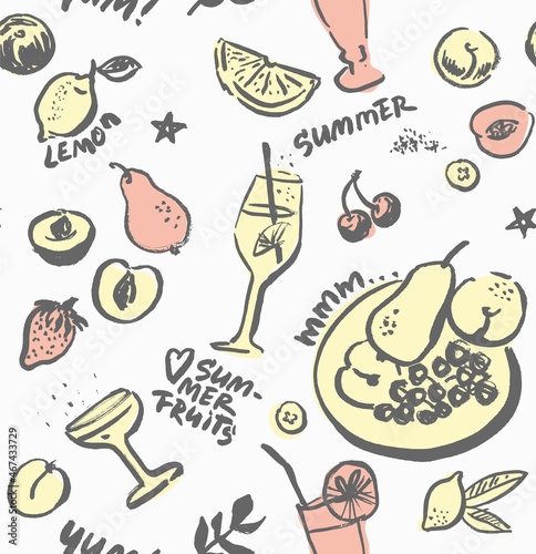 Summer Fruits and Cocktails  Vector Seamless Pattern. Hand Drawn with a Brush Fruits and Beverages. Pastel Colors Design for Beach Cafe Menu Cover, Flyer, Brochure, etc.