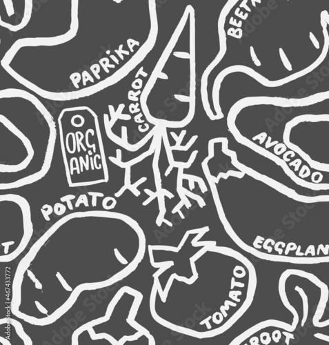 Organic Vegetables  Vector Seamless Pattern. Hand Drawn with a Brush Vegetarian Food with Written Names.  Blackboard Design for Cafe Menu Cover, Flyer, Brochure, etc.