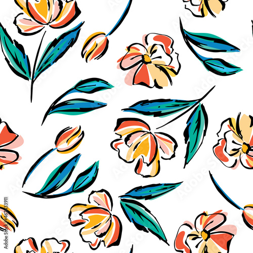 Handmade seamless pattern summer floral background. Botanical background from abstract flowers. Sketchy drawing of black outlines and orange pink green blue strokes. wallpaper, cover, textile