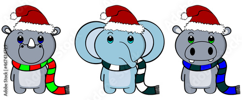 cute kawaii animals character cartoon collection with claus hat illustration in vector format