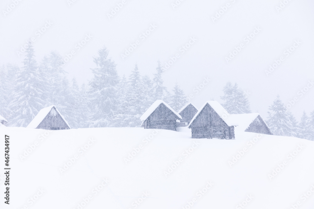 Old wooden forester's house on the lawn covered with snow. Landscape on winter day. Snowdrifts. Christmas wonderland. High mountain. Snowy wallpaper background. Nature scenery.