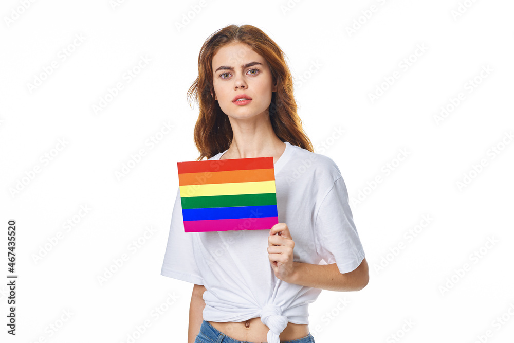 woman with lgbt flag transgender community light background woman with lgbt flag transgender community light background