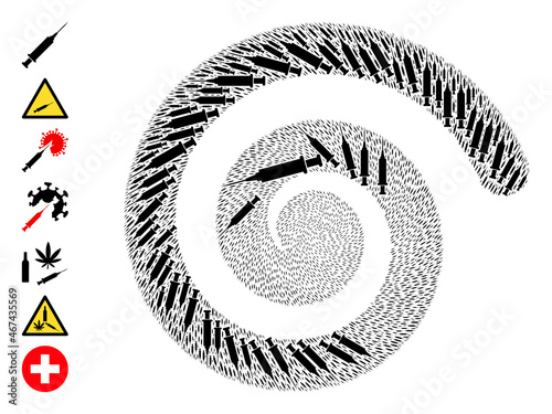 Syringe icon spiral cycle mosaic. Syringe items are scattered into twirl vector illustration. Object twirl is designed from scatter syringe icons. Some other icons are designed.
