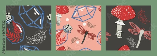 Vector collection of vintage witchcraft cartoon elements, magic shop for witch concept, wizard character set. Set of seamless ornaments. Flat design, cartoon, hand-drawn. Fabulous elements.