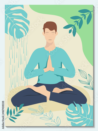 Young man practicing lotus asana. Yoga studio poster. Vertical vector illustration
