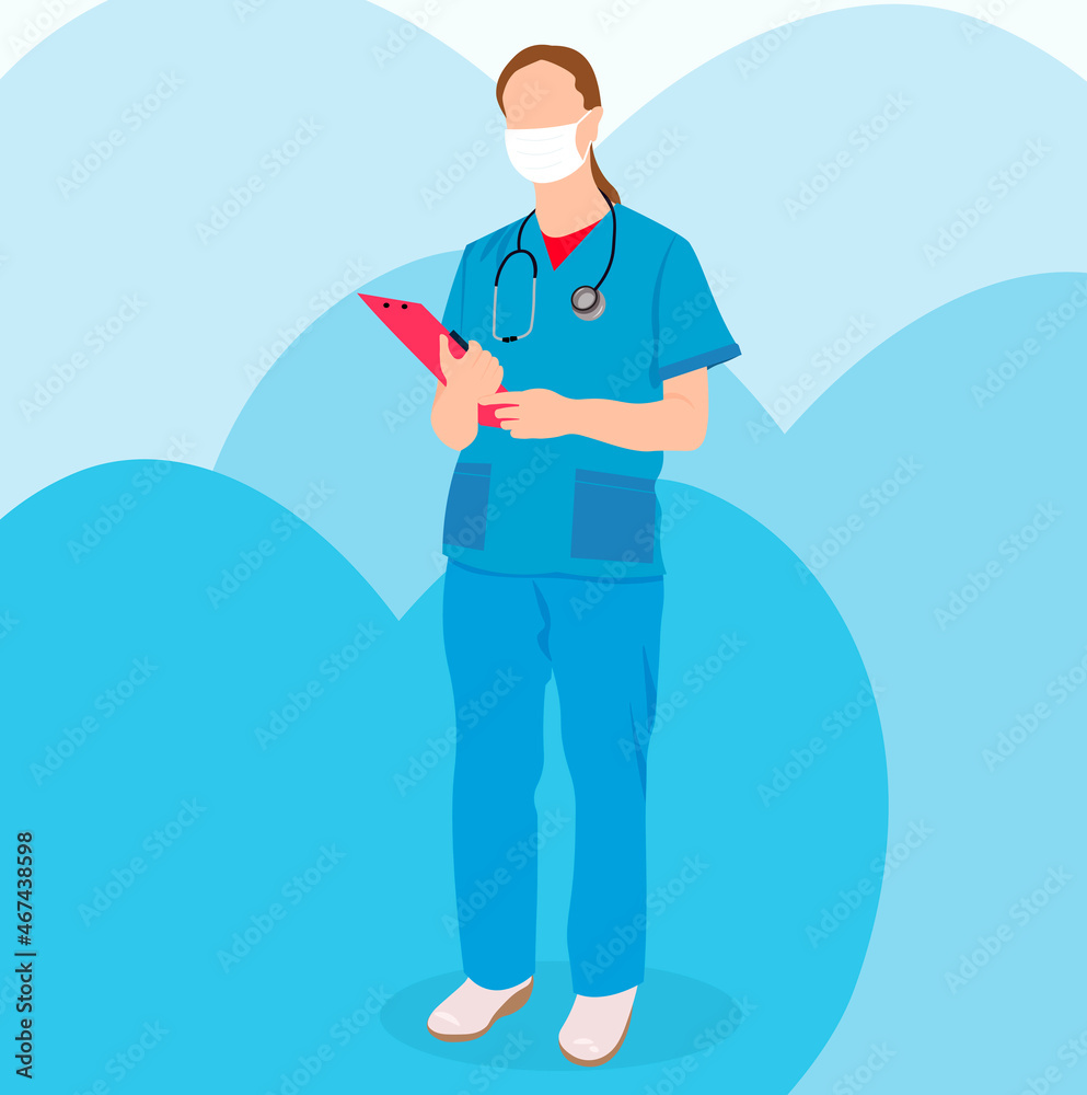 female doctor in blue uniform on blue background