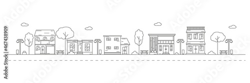 Monochrome horizontal urban landscape with town street or district. Editable stroke. Cityscape with living houses drawn with contour lines on white background. Vector illustration