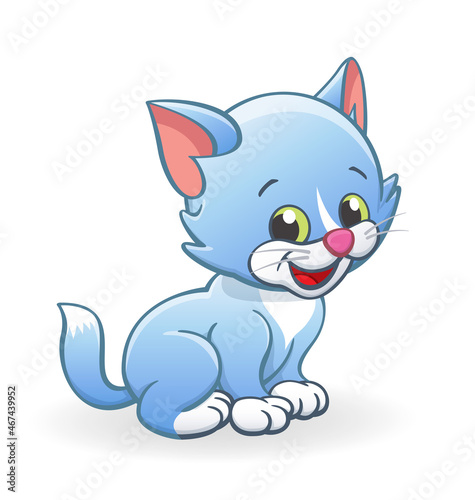 cute smiling blue cartoon kitten cat character sitting