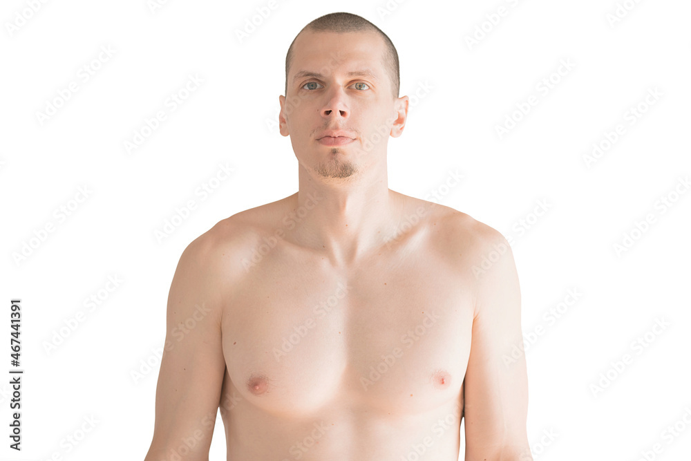 Fototapeta premium Caucasian shirtless young guy with small beard stands and looking forward isolated on white background. Bachelor. Single. Sport. Body care. Skin care