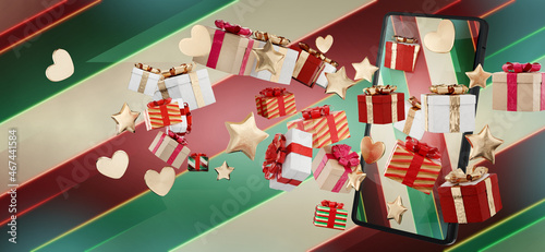 festive background and mobile phone with Christmas gifts 3d-illustration