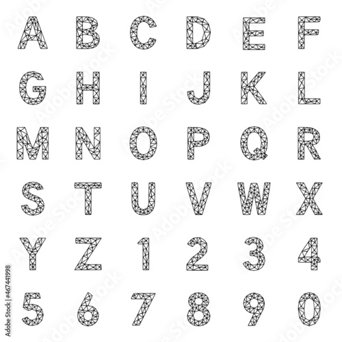 Set of polygonal letters and numbers, alphabet made from lines