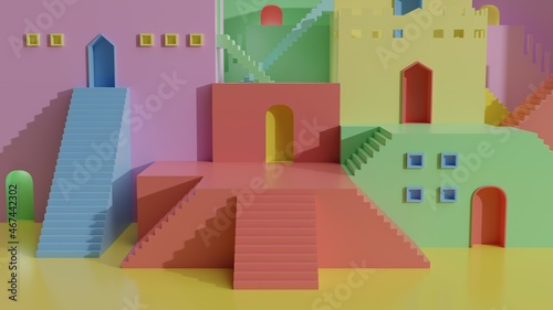 Colorful villa with staircase and doors display mockup pedestal showcase podium stage kids game for product presentation 3D rendering illustration