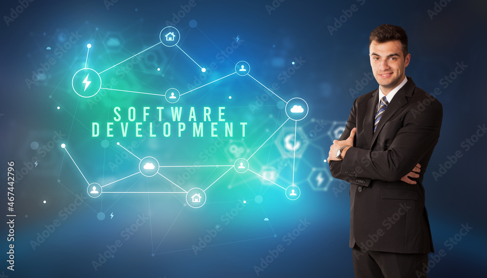 Businessman thinking about technology concept Businessman thinking about technology concept