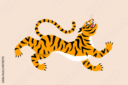 Fototapeta Naklejka Na Ścianę i Meble -  Roar tiger flat icon. Vector illustration. Chinese New year 2022 symbol. Indian or african angry wild cat, cartoon poster.