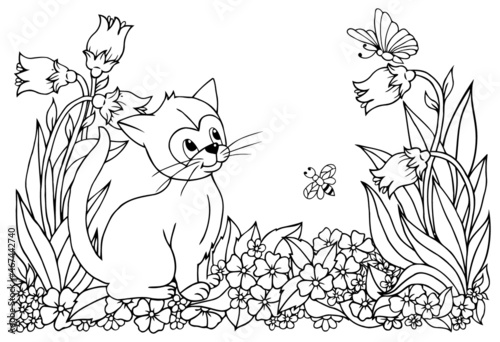 Fototapeta Naklejka Na Ścianę i Meble -  Illustration. A kitten watches a butterfly in a meadow of flowers. Coloring book. Antistress for adults and children. The work was done in manual mode. Black and white.