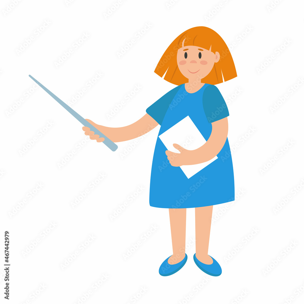 Teacher woman in cartoon style. Cute female character in blue dress with book and pointer in hands Teacher woman in cartoon style. Cute female character in blue dress with book and pointer in hands