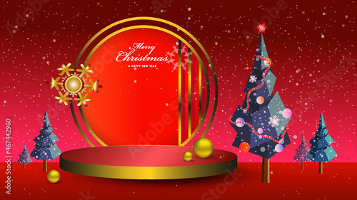 Christmas, New Year banner with product display cylindrical shape and festive decoration with Christmas tree and snow on red with gold background for Christmas sales, product advertisements more. 