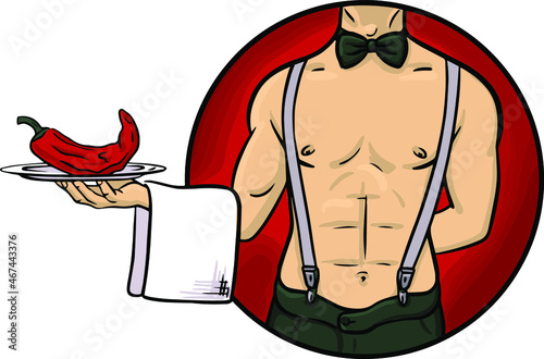 close-up isolated sticker, naked torso of a bartender with a butterfly around his neck, on a white background, holding a tray with a chilli peper