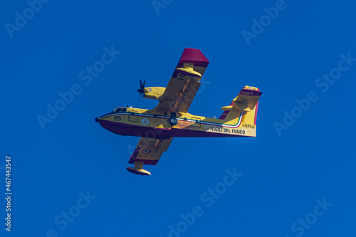 An Italien Canadair Plane flying over a Forest Fire in Kirschwang, Lower Austria
