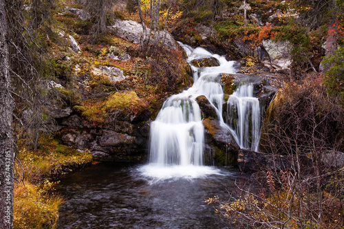 Beautiful Kullaoja waterfall flowing in the middle of autumn colors. Shot near Salla  Northern Finland. 