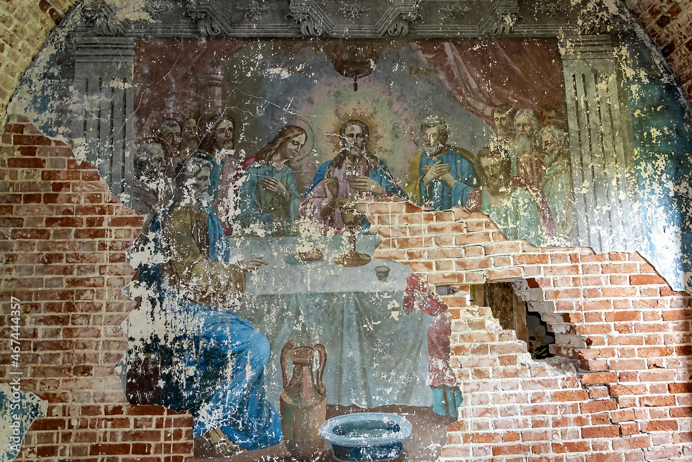 Fototapeta premium painting of the walls of an abandoned Orthodox church