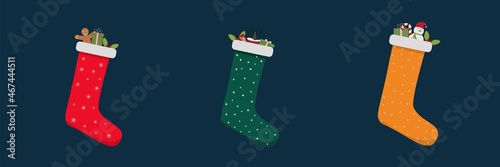 Set of Christmas socks with gifts inside. Can be used to create your own Christmas designs for brochures, posters, posters.