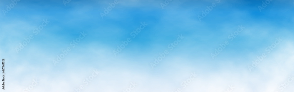 Sky background wide. Realistic white clouds. Summer blue sky banner. Light cloudy texture. Sunny day concept. Vector illustration