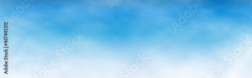 Sky background wide. Realistic white clouds. Summer blue sky banner. Light cloudy texture. Sunny day concept. Vector illustration