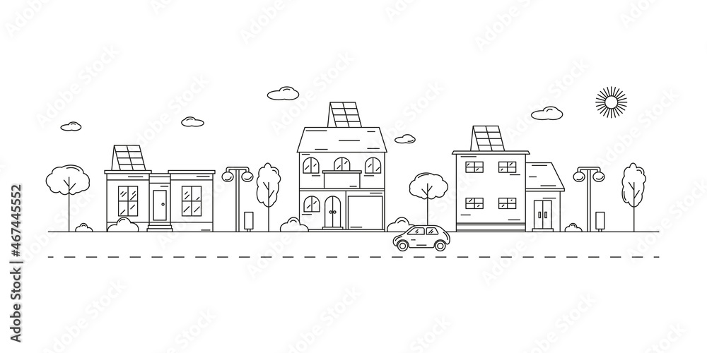 Monochrome urban landscape with town street or district. Editable stroke. Energy saving. Eco energy. Cityscape with living houses drawn with contour lines.