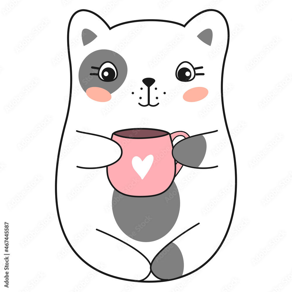 Cute kawaii cat with pink mug. Vector illustration. Cute kawaii cat with pink mug. Vector illustration.