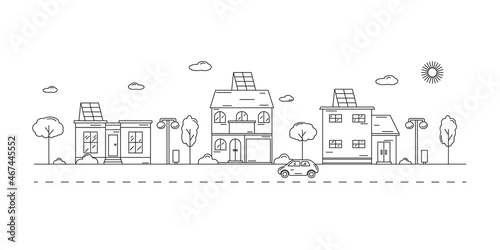 Monochrome urban landscape with town street or district. Editable stroke. Energy saving. Eco energy. Cityscape with living houses drawn with contour lines.