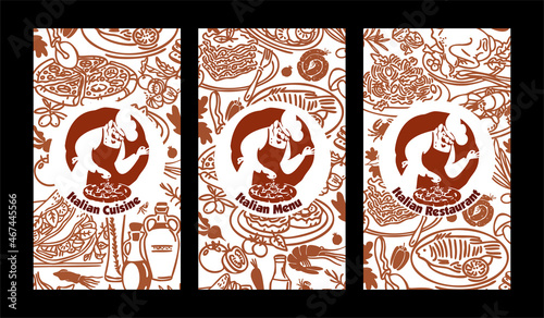 Banner for an Italian restaurant, menu. Chef logo. Traditional Italian Dishes. A set of icons of the Italian cuisine