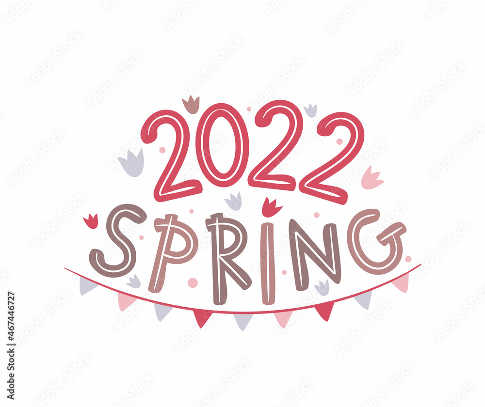 Spring 2022 logo with hand drawn tulips and garland. Seasons emblem for the design of calendars, seasons postcards, diaries. Doodle Vector illustration isolated on white background.