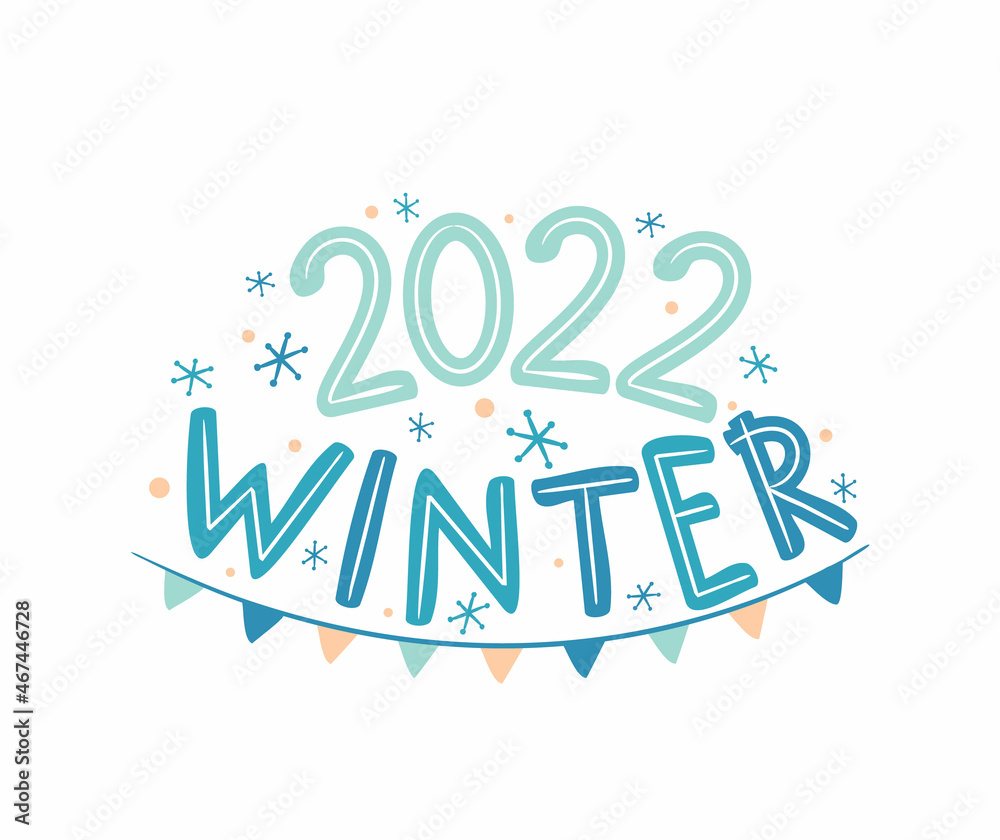 Winter 2022 logo with hand drawn snowflakes and garland. Seasons emblem for the design of calendars, seasons postcards, diaries. Doodle Vector illustration isolated on white background. Winter 2022 logo with hand drawn snowflakes and garland. Seasons emblem for the design of calendars, seasons postcards, diaries. Doodle Vector illustration isolated on white background.