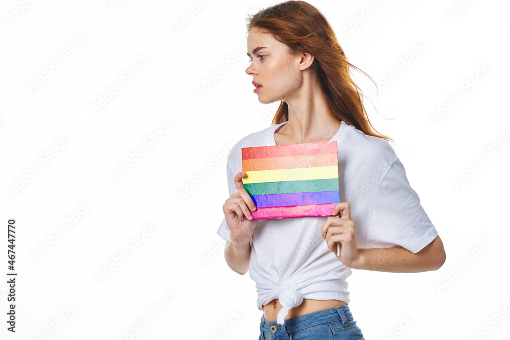 woman with lgbt flag transgender community light background