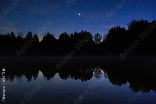 Fog on the river on a starry night in the forest. Dubna river, Moscow region, Russia.
