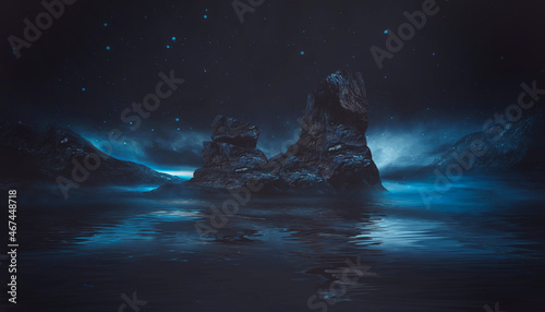 Futuristic fantasy night landscape with abstract landscape and island  moonlight  radiance  moon  neon. Dark natural scene with light reflection in water. Neon space galaxy portal. 3D illustration. 